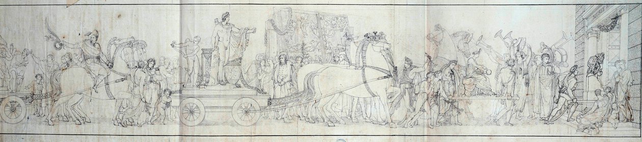 Chegada a Paris dos objetos conquistados pelo exército francês na Itália O saque de obras de arte foi o propósito de expedições de Dominique Vivant Denon sob as ordens do Cônsul Napoleão Bonaparte para o Musee Napoleon (hoje Museu do Louvre) Gravação de de French School
