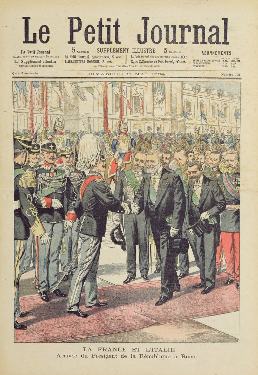 A chegada do Presidente da República Francesa, M. Loubet, em Roma, para uma visita de Estado à Itália em abril de 1904, cobre a ilustração de &39;Le Petit Journal&39;, 1 de maio de 1904 de French School