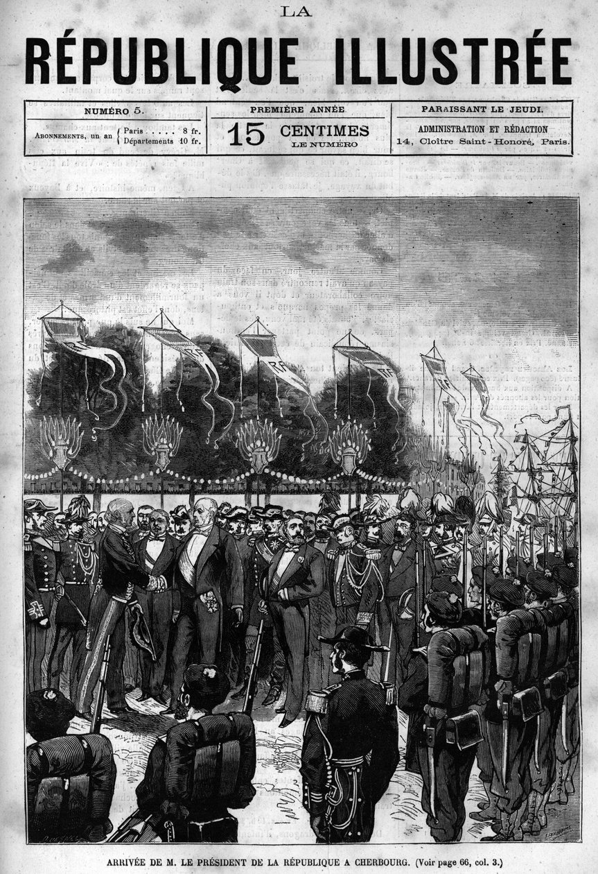 Chegada do Presidente da República Jules Grevy (1807-1891) nas celebrações de Cherbourg. Um jornal. Gravura de 1880 na colecção privada "La republique illustree". de French School