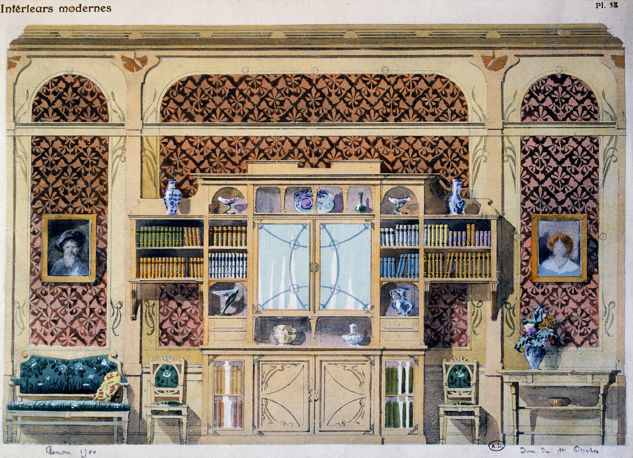Biblioteca estilo art nouveau, ilustração da revista Interieurs Modernes (Interiores Modernos) de French School