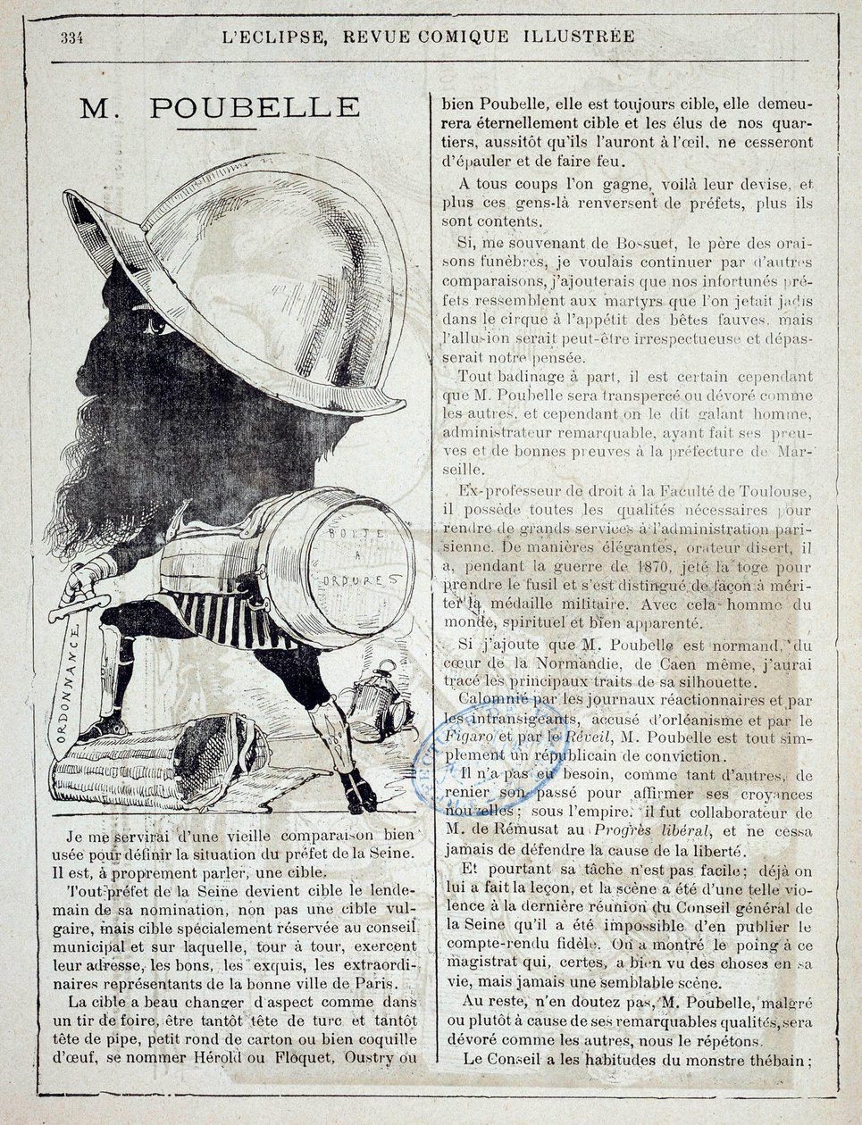 Artigo e desenho animado sobre Eugene Poubelle (1831-1907), prefeito do Sena e inventor dos caixotes do lixo em 1884. 10/04/1885. Paris, prefeitura de polícia de French School