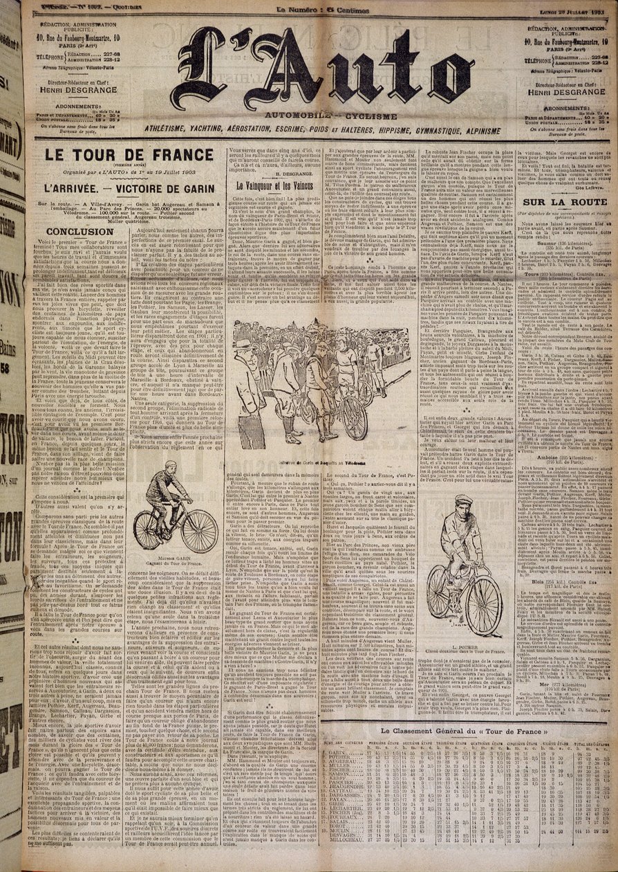 Artigo sobre a chegada da primeira volta da França - em "L