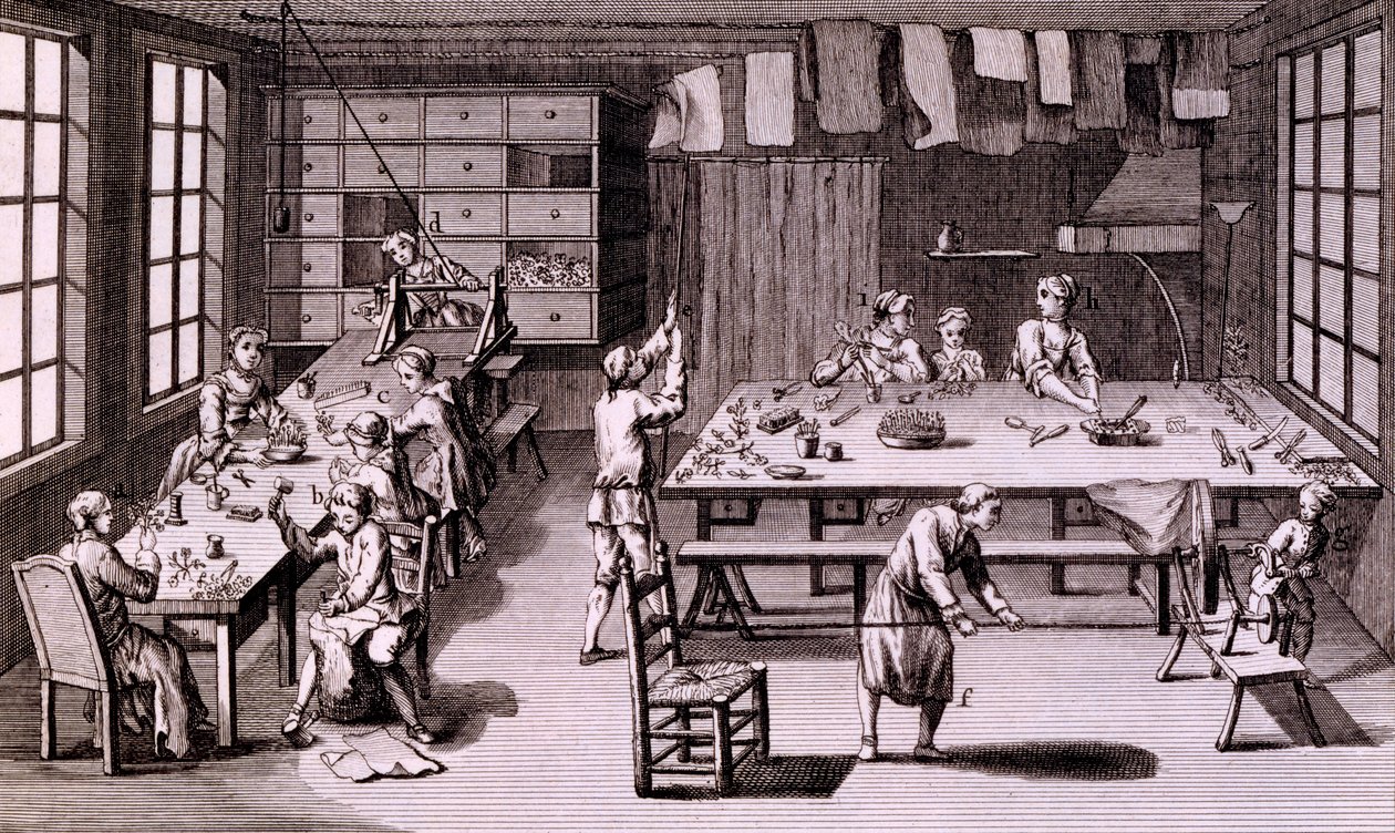 Artificial Flower Shop, ilustração da Enciclopédia ou um Dicionário Sistemático das Ciências, Artes e Ofícios de Denis Diderot, publicado em 1765 de French School