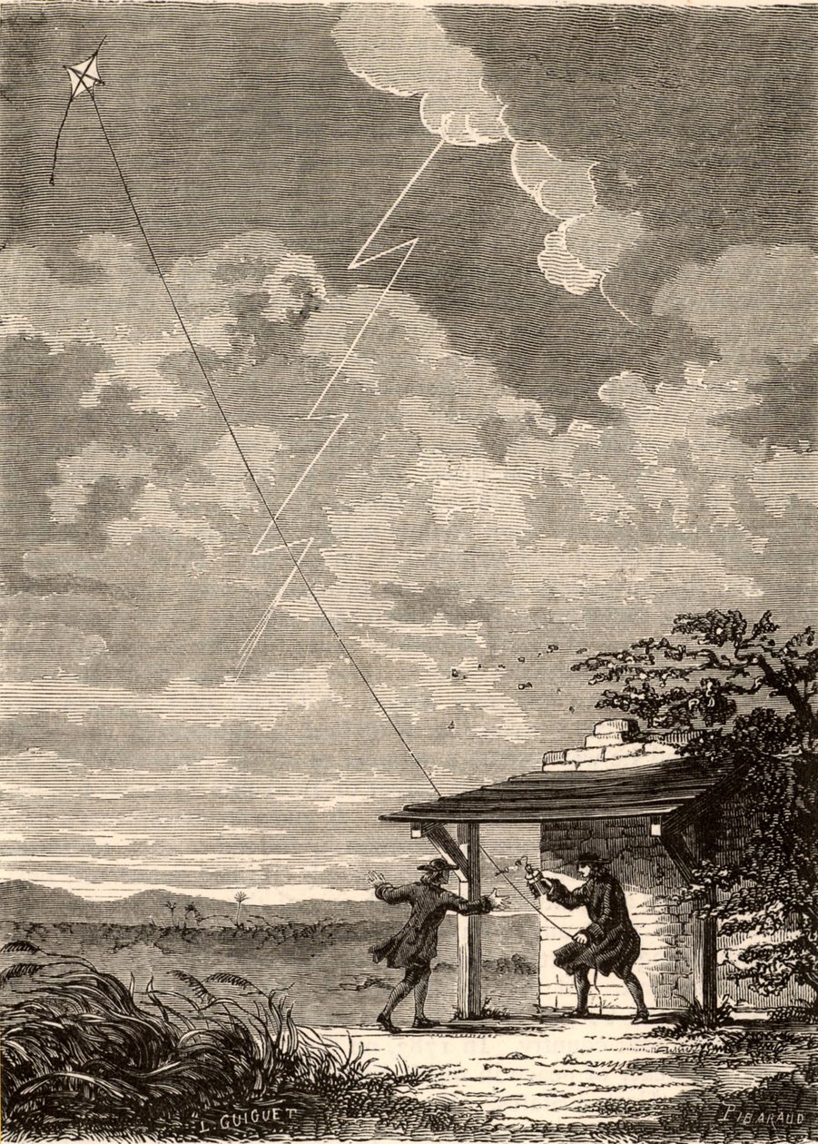Impressão artística da investigação de Benjamin Franklin sobre a natureza eléctrica do relâmpago, de "Les Merveilles de a Science", de Louis Figuier, c.1870 (gravura) de French School