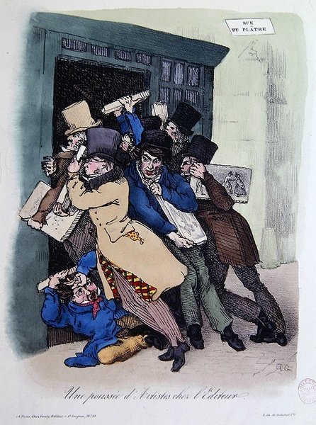 Artistas sitiando a porta da Editora, c.1830 (cor litho) de French School