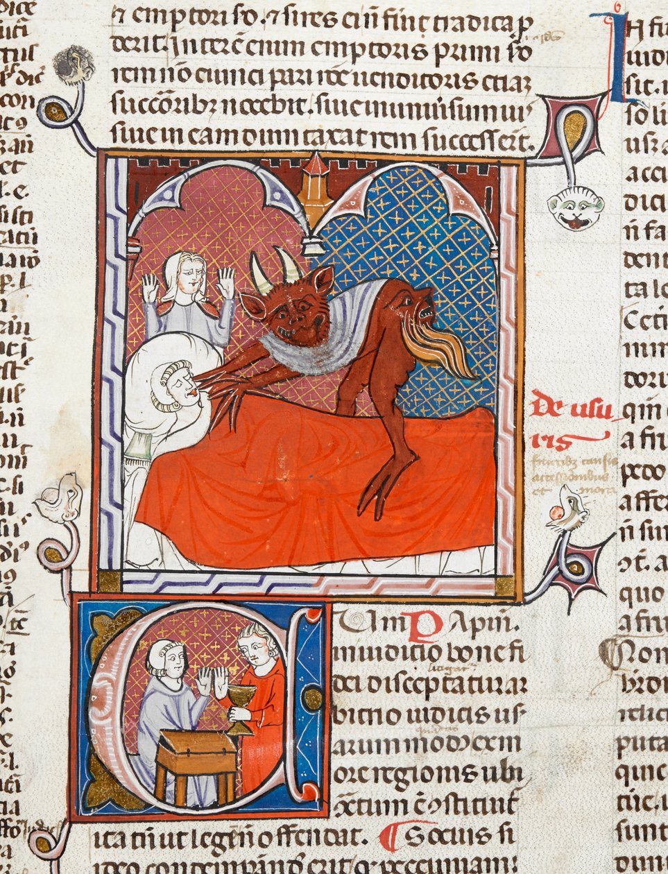 Arundel 484 f.245 Um diabo ou demónio no leito de uma pessoa morta, ilustração de Digestum Vetus com ordinaria brilhante, de Justinian, c.1300-10 (vellum) de French School