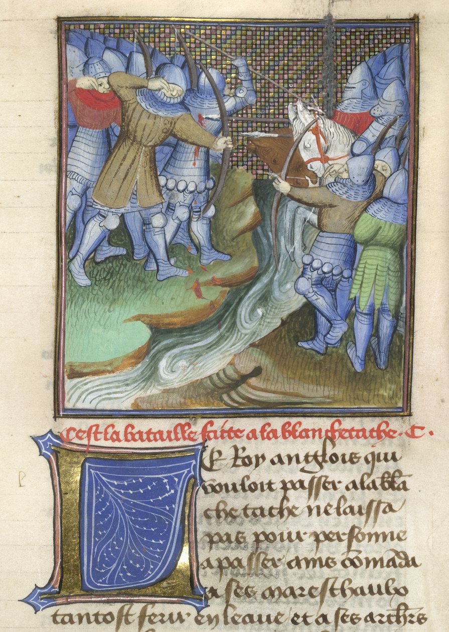 Arundel 67, f.144, soldados medievais lutando, através de um rio, de Chroniques d