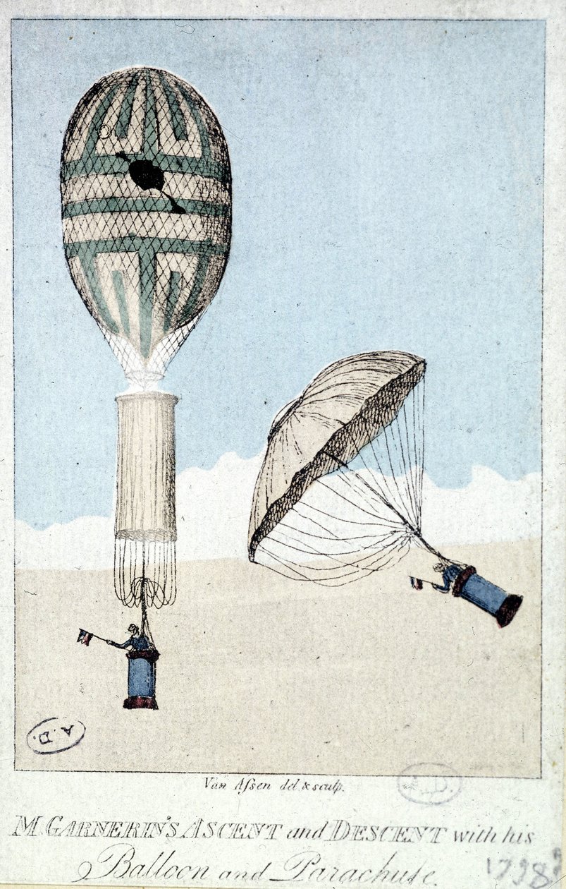 Ascensão e descida de Garnerin por balão e pára-quedas de French School