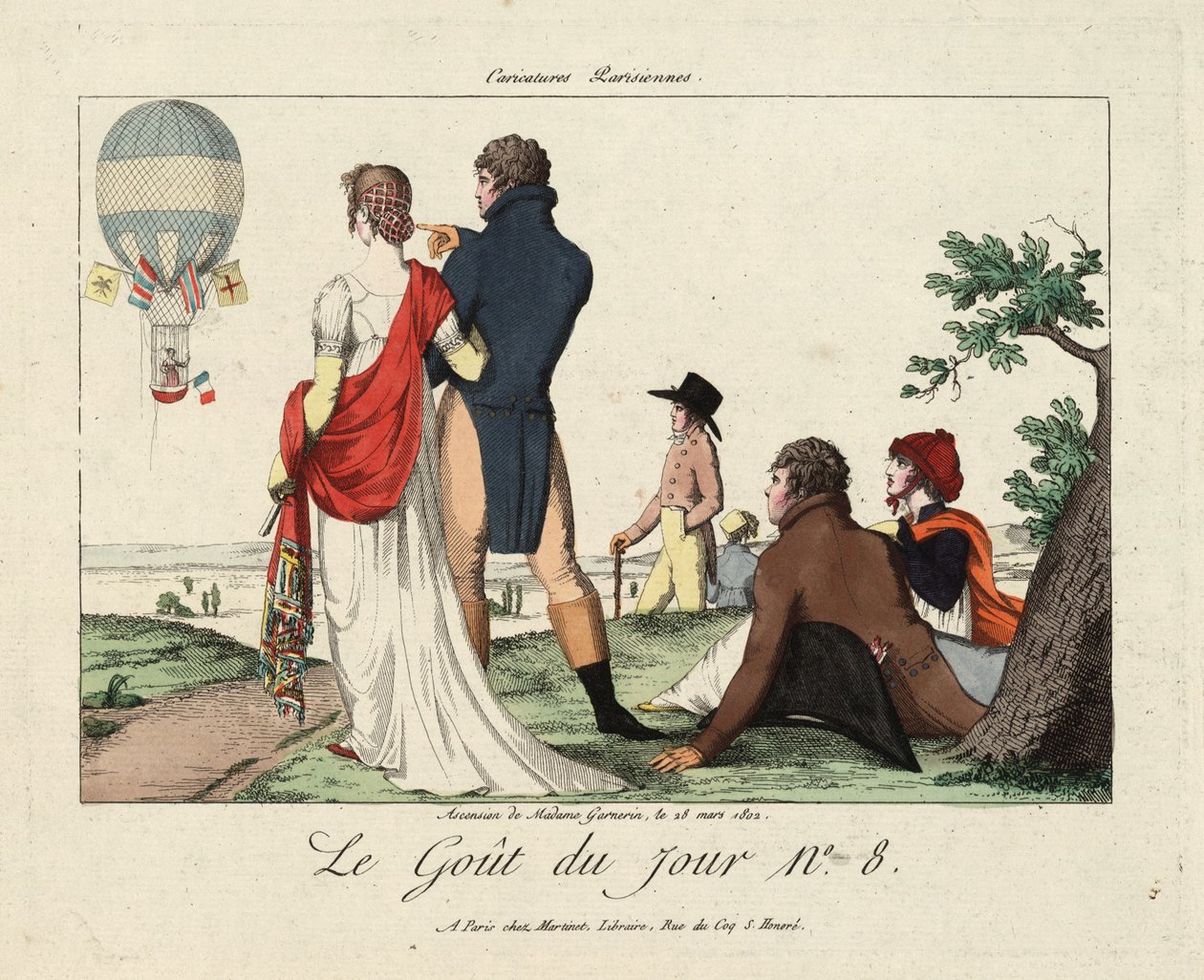 Ascensão de Madame Garnerin, 28 de março de 1802, de Le Gout du Jour nº 8, c.1870 (gravura colorida à mão) de French School
