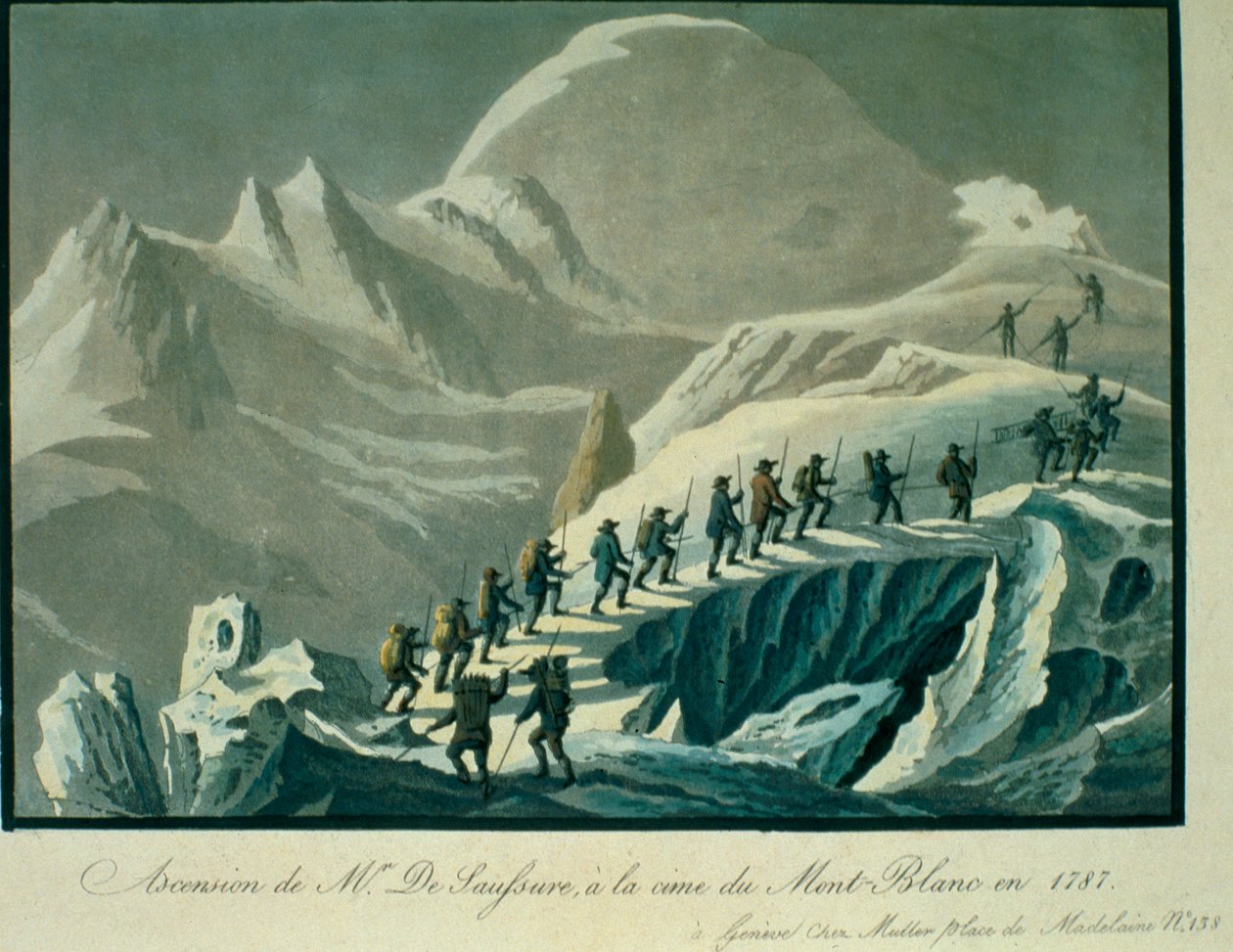 Ascensão do Sr. De Saussure à Summmit do Mont Blanc em 1787, de A Narrativa de uma Ascensão à Cimeira do Mont Blanc por Charles Fellows (1799-1860), publicado em 1827 de French School