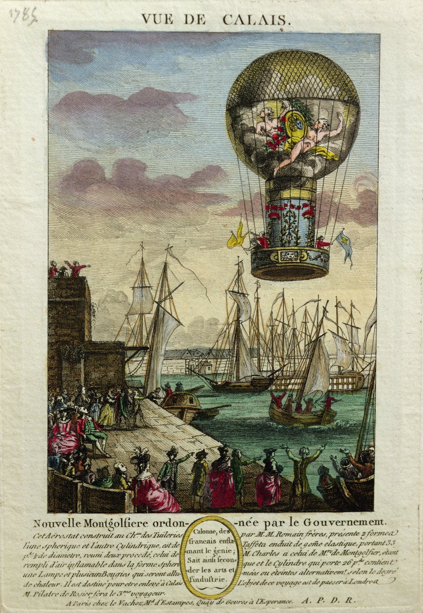 Subida de um balão de ar quente Mongolfiere em Calais em 1785 de French School