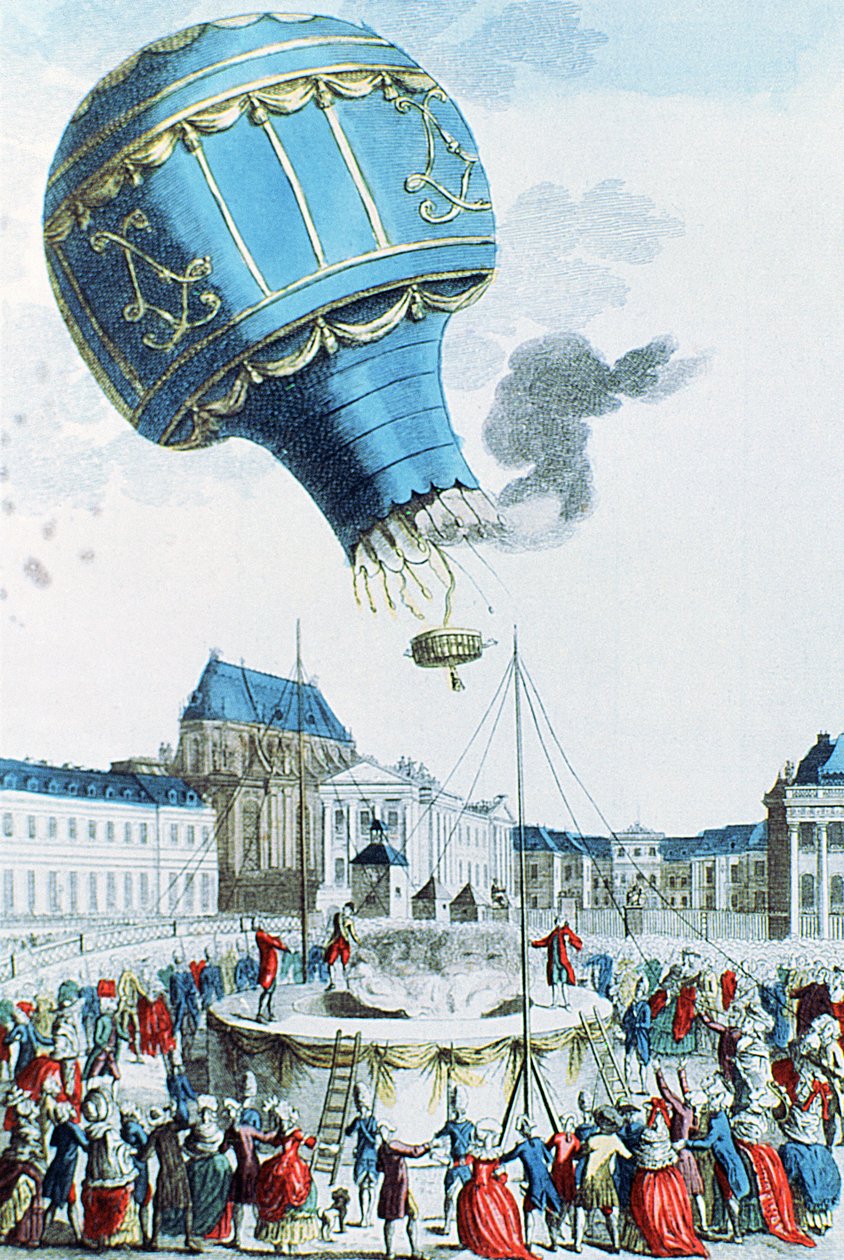 Subida do balão de ar quente de irmãos Montgolfier antes da família real em Versalhes em 1783 (gravura de cor) de French School