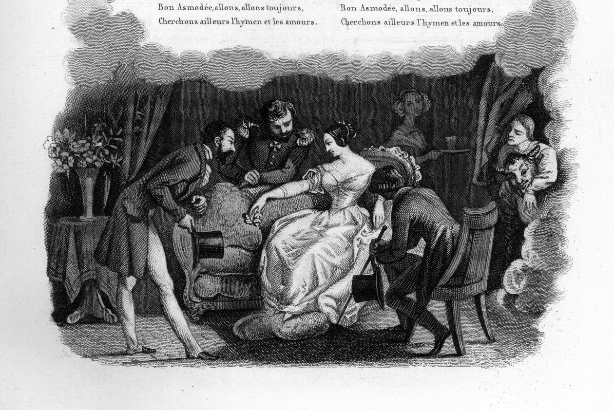 Asmodee. Uma bela jovem mulher numa sala de estar, cortejada por três pretendentes, incluindo uma dançarina e um soldado. Gravura em "Chants et chansons populaire de la France", Tomo 2 de French School