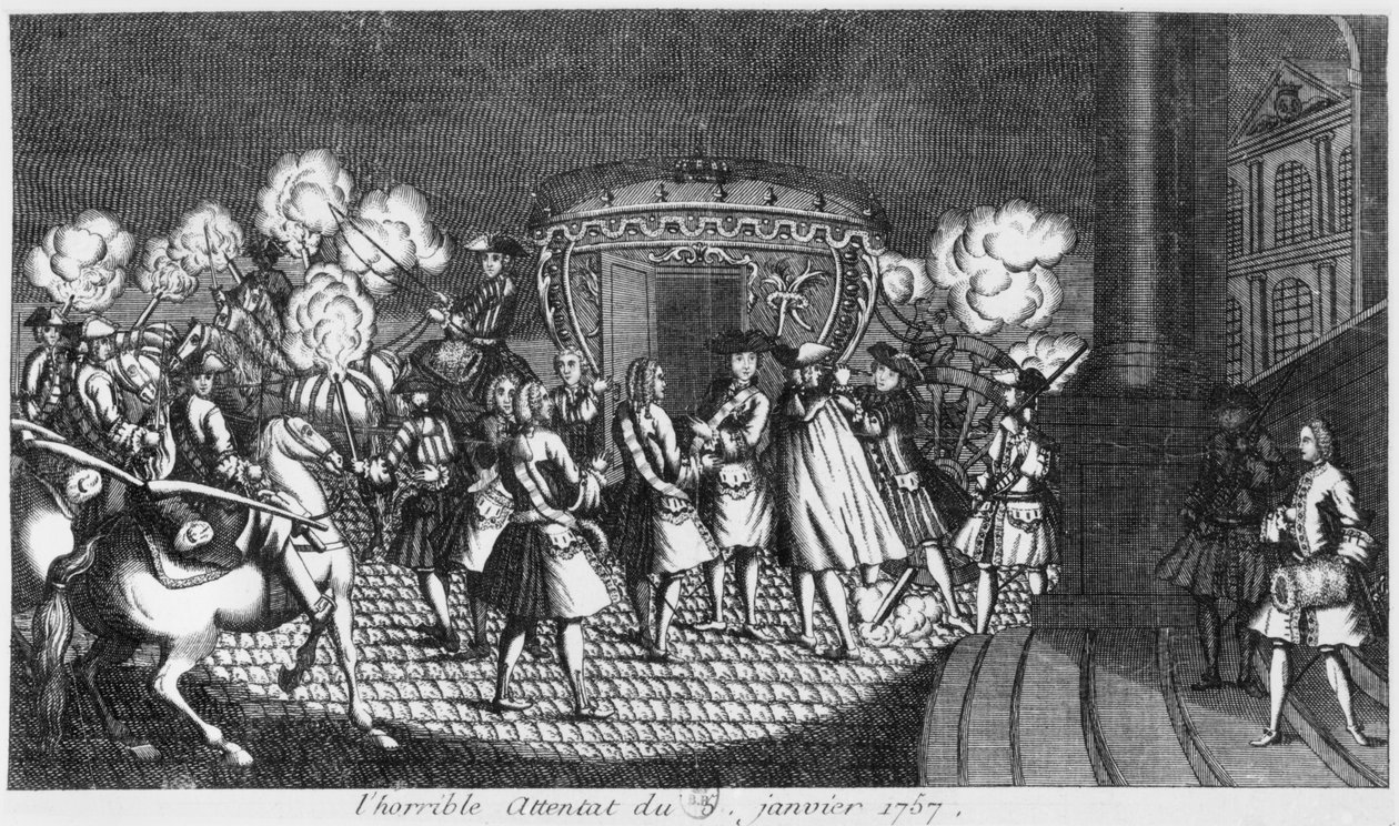 Tentativa de assassinato do rei Luís XV (1710-74) por Robert François Damiens em 5 de janeiro de 1757 de French School