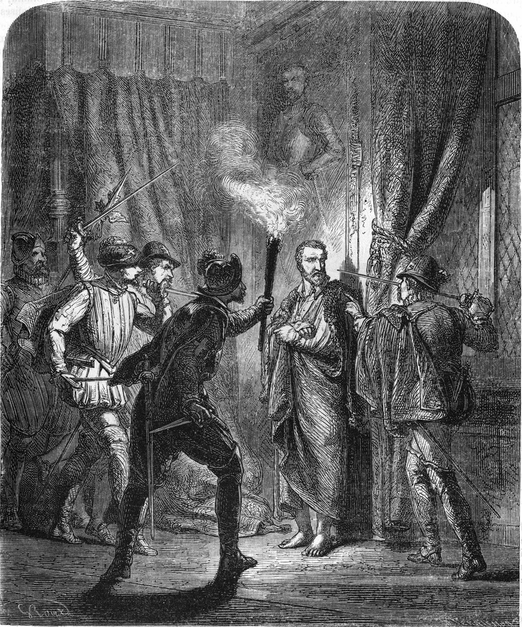 Assassinato do Almirante de Coligny durante o massacre de Saint-Bartelemy em 1572. No "Histoire Populaire de la France", sd. cerca de 1885. Gravura. de French School