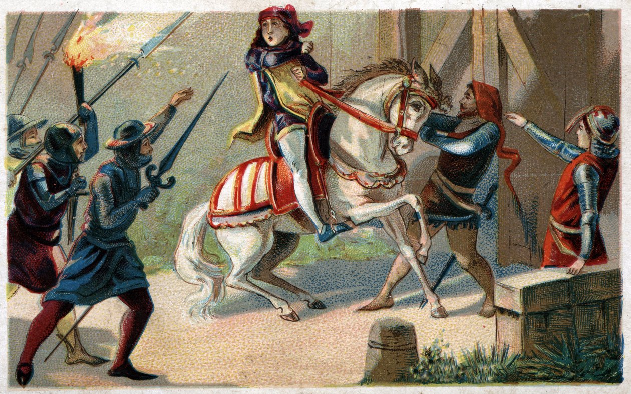 Assassinato de Etienne Marcel, rico drapier e Prevot des merchants (1316-1358) pelo echevin Jean Maillart, um dos líderes do partido realista, em julho de 1358. Cromolitografia do final do século XIX. de French School