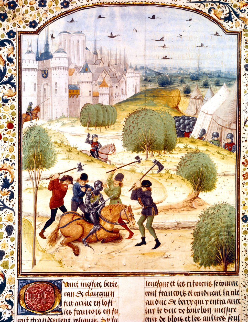 Assassinato de um cavaleiro inglês fora de Paris em 1437 (100 anos de guerra) Iluminação de Chronicles of England escrita por Jean de Wavrin de French School