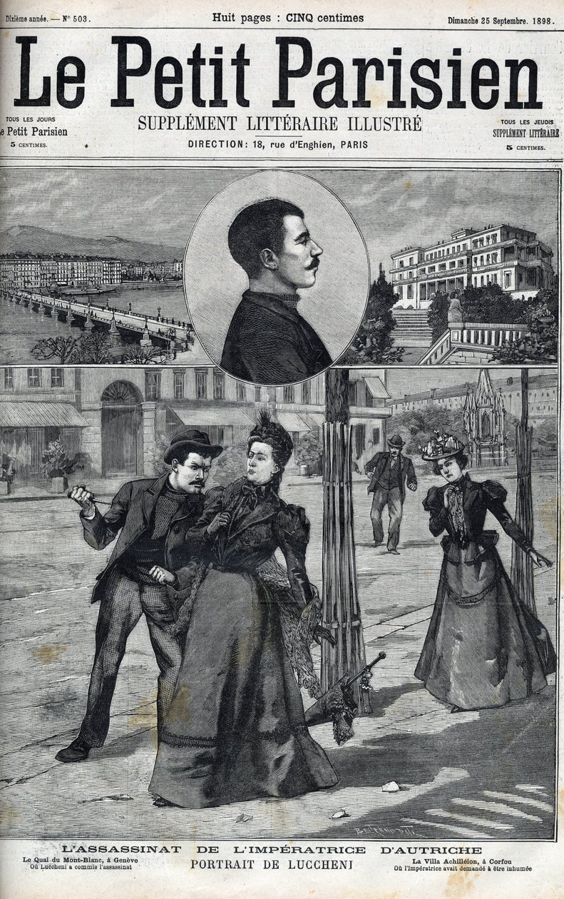 Assassinato da Impression Elizabeth of Austria (Sissi) pelo anarquista italiano Luccheni em Genebra, em 1898. Capa do "Le petit Parisien" de 1898 - O Assassinato da Imperatriz Isabel da Áustria (Sissi) pelo anarquista italiano Luigi Lucheni, em Genebra de French School