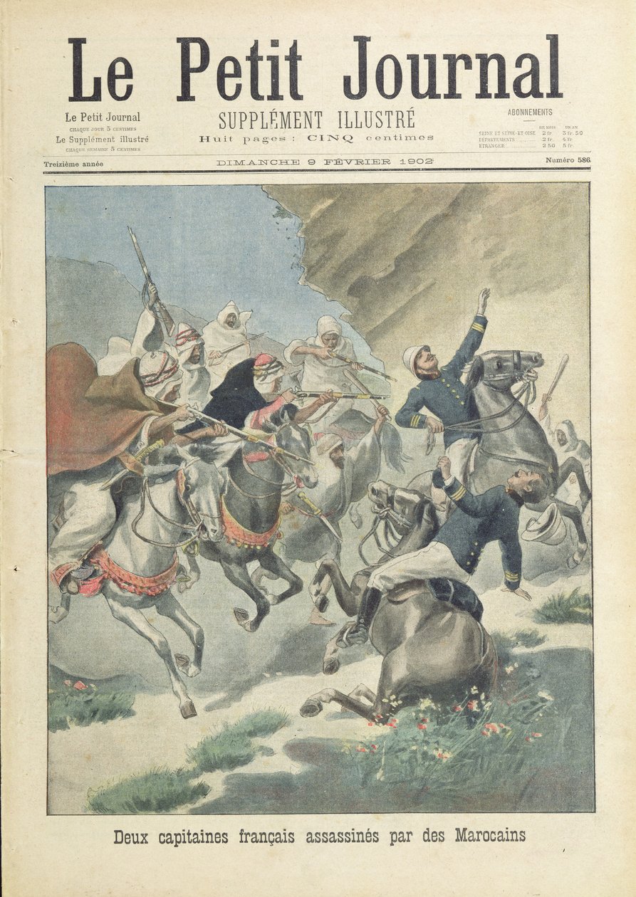 Assassinato de dois capitães franceses da Legião Estrangeira por marroquinos da tribo Beni-Smir, ilustração da capa do &39;Le Petit Journal&39;, 9 de fevereiro de 1902 de French School