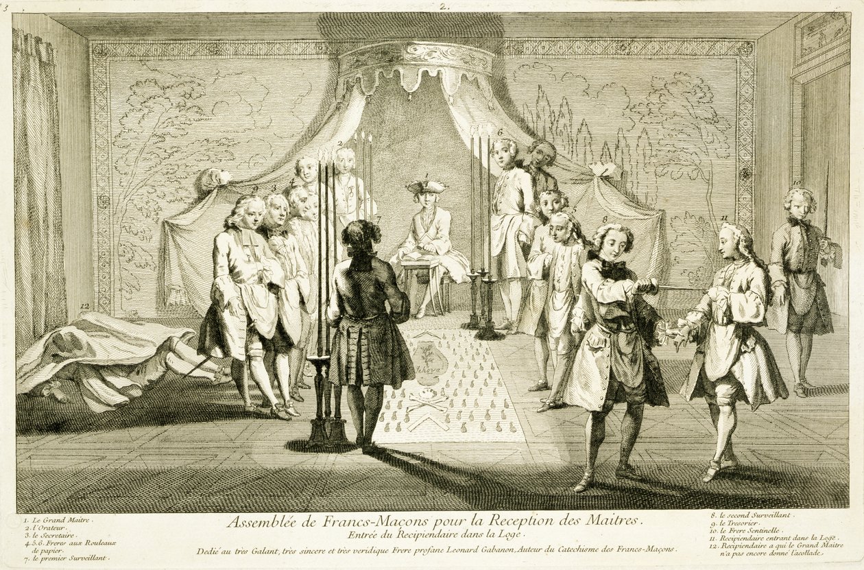 Assembléia dos Maçons Livres para a Iniciação de um Mestre, a entrada do candidato à Loja, das Cerimônias da Religião e Costumes, c.1733 de French School