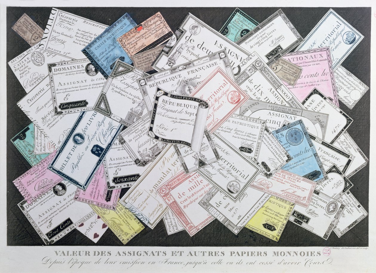 Assignats e outros exemplos de papel-moeda desde o momento de sua emissão em 1789 até a cessação de sua circulação em 1797 (gravura colorida) de French School