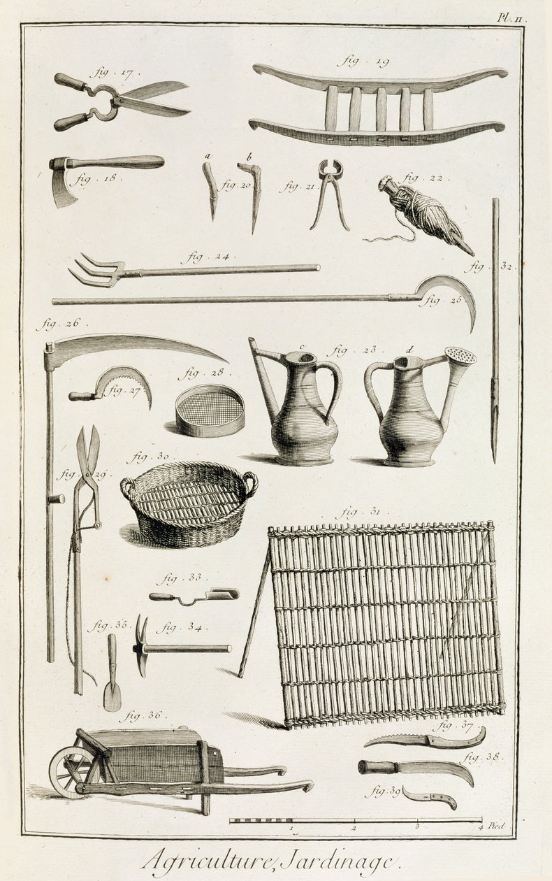 Variedade de ferramentas de jardinagem, da enciclopédia de Ciências e Metiers por Denis Diderot (1713-84) publicado c.1770 de French School