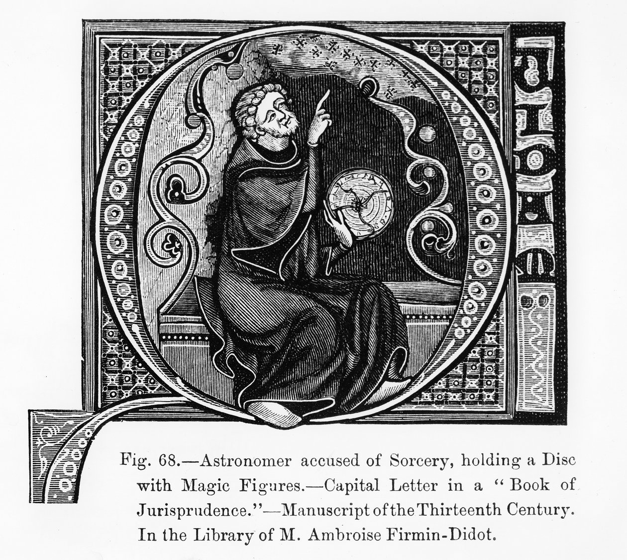 Astrônomo acusado de feitiçaria, segurando um disco com figuras mágicas, do livro de jurisprudência, ilustração da ciência e literatura na idade média e o renascimento, escrita e gravada de French School