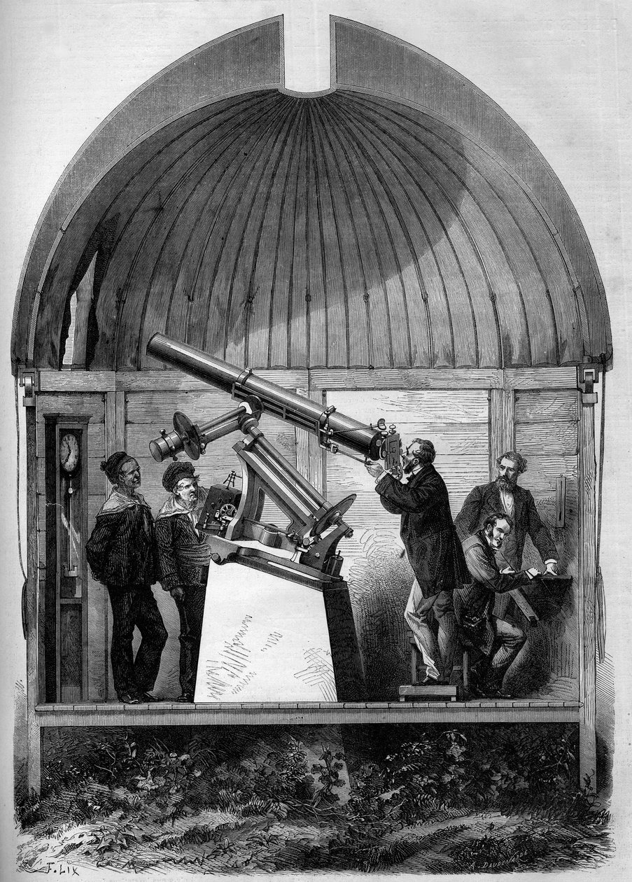 Astronomia: A luneta astronómica francesa transportada para Yokohama (Japão) para observar o planeta Vénus a passar pelo Sol. Gravura em "Le Monde Illustré" n°904 de 8 de Agosto de 1874. de French School