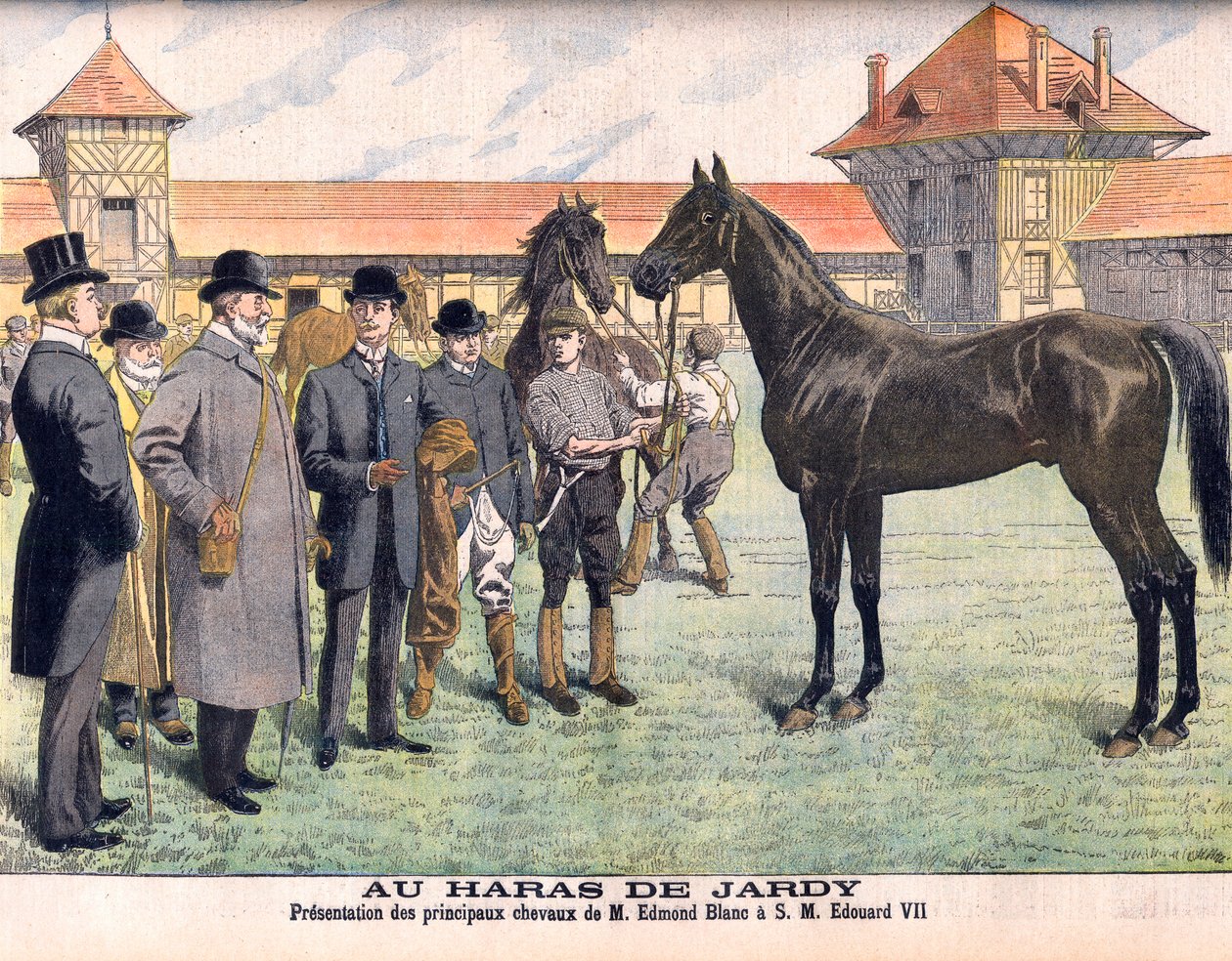 Na coudelaria Jardy nos arredores de Paris (Marnes-la-Coquette). O criador Edmond Blanc mostrando os seus melhores cavalos ao Rei Eduardo VII. O Cavalo Jardy. Apresentação dos principais cavalos de Edmond Blanc a HM Edouard VII (1841-1910). Ilustração para de French School