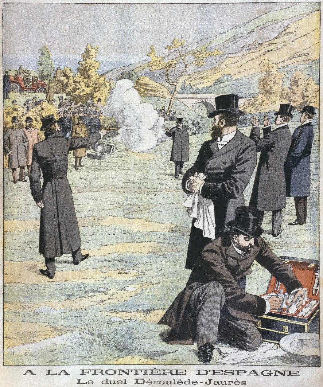 Na fronteira espanhola, duelo entre Paul Deroulede e Jean Jaures, ilustração do Le Petit Journal: Suplemento Ilustre, 18 de dezembro de 1904 de French School
