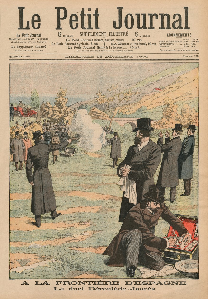 Na fronteira espanhola, duelo entre Paul Deroulede e Jean Jaures, ilustração do Le Petit Journal, suplemento ilustre, 18 de dezembro de 1904 de French School