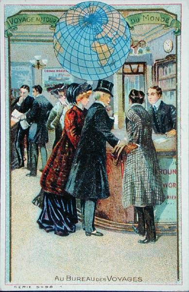 Nas Agências de Viagens, a partir de uma série de cartões de recolha de crianças, c.1880-90 (cor litho) de French School