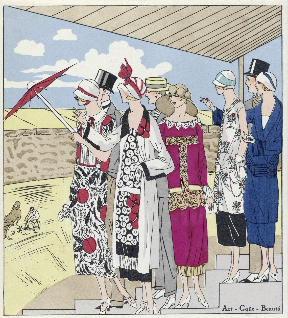 No Velódromo, ilustração de Art, Gout, Beaute, pub. 1924 (gravura em pochoir) de French School