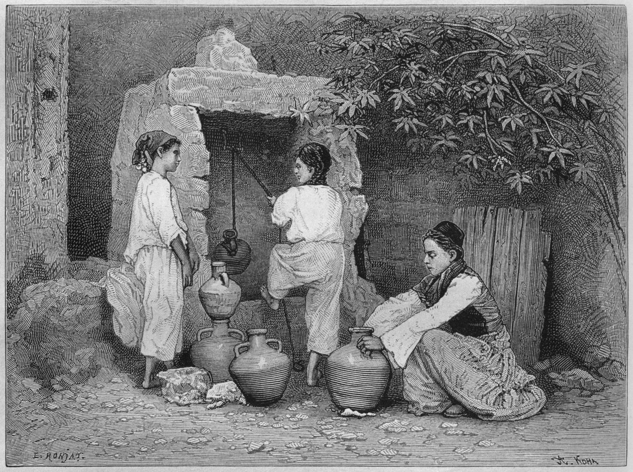 No poço, São João do Acre, da Síria hoje. Viajar para a Fenícia, o Líbano e a Judéia. 1875-1880 de Louis Charles Emile Lortet, 1884 (gravura do bw) de French School