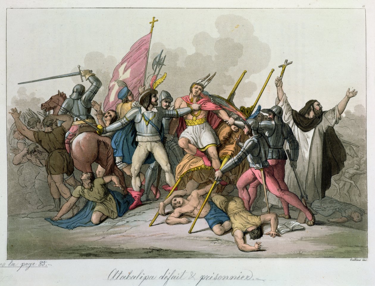 Atahualpa (c.1502-33) derrotado e levado prisioneiro pelas tropas de Francisco Pizarro (c.1478-1541) 1820 de French School