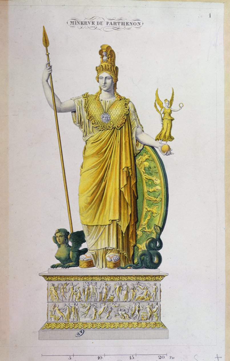Athena Parthenos, estátua do Parthenon, Atenas (gravura de cor) de French School