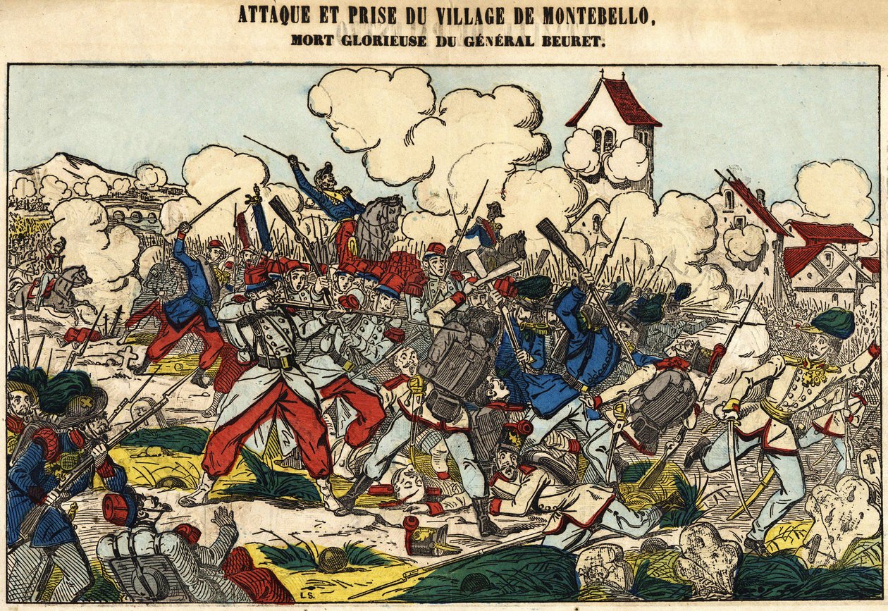 Ataque e captura da aldeia de Montebello, a gloriosa morte do General Beuret em 1859. Foto de Epinal de French School