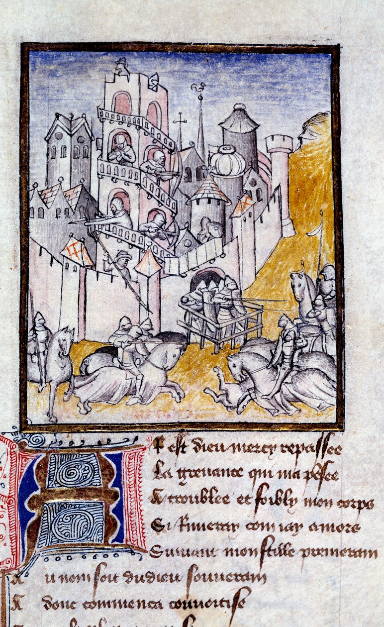 Ataque de um castelo em miniatura de "The Way of Long Study and Fortune Mutation" de Christine de Pisan (ou Pizan de French School