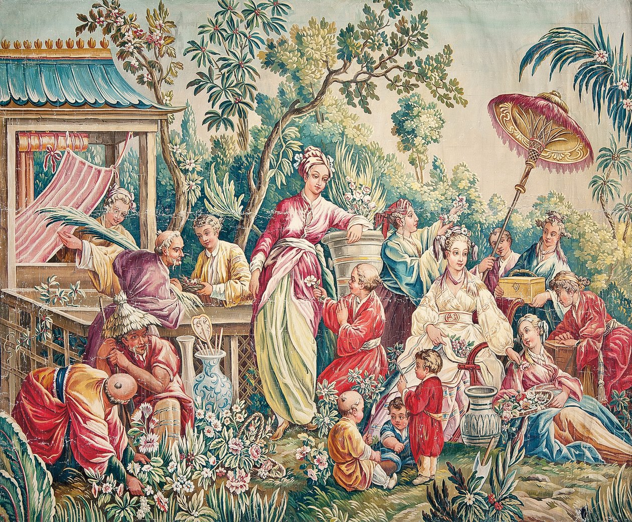 Desenhos animados de Aubusson para uma tapeçaria de figuras em um jardim Oriental de French School