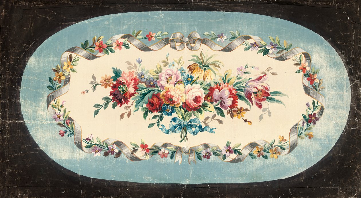 Design Aubusson para um encosto de sofá ou assento de flores misturadas dentro de bordas com fitas e florais de French School