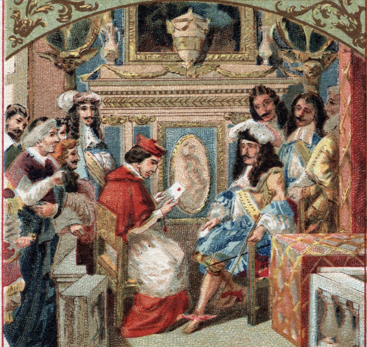Audiência dada ao Legat no quarto do rei (Luís XIV?), no castelo de Versalhes. Cromolitografia do final do século XIX de French School