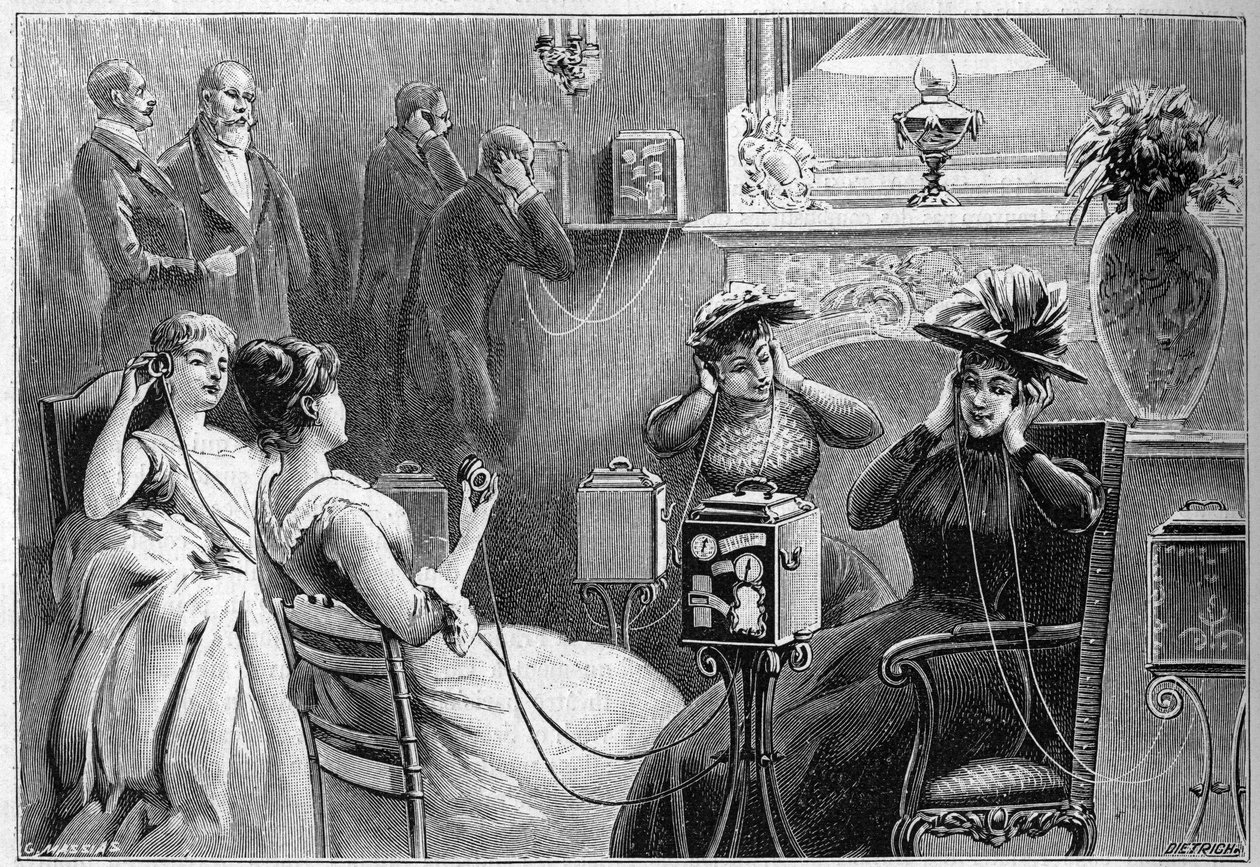 Audição do Theatrophone (audições de teatro em casa) no lounge de um grande hotel em Paris, em 1892. de French School