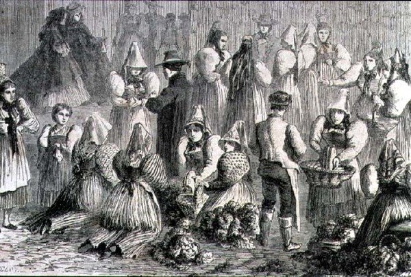 Mercado de Augsburg na década de 1860 (gravação) de French School