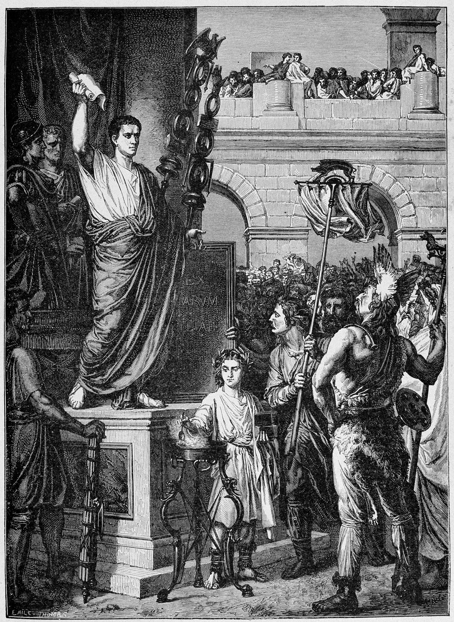 Augusto (Octávio ou Octávio) (63 a.C. - 14 d.C.) apresenta a constituição aos deputados das três províncias da Gália Celta reunidos em Lyon (ano 10 d.C.) - na "França e os franceses através dos séculos". de French School