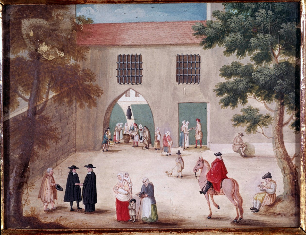 Aumones no pátio da abadia de Port Royal des Champs Vista do pátio interior de Port-Royal-des-Champs. Pintura anónima da escola francesa de French School