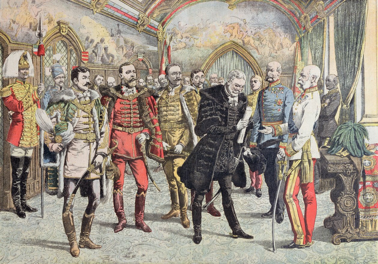 Crise Austro-Húngara - recepção dos magnatas húngaros pelo imperador Franz Josef, ilustração do Le Petit Journal, 15 de outubro de 1905 de French School