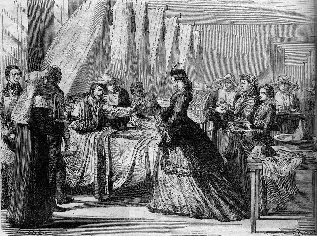 Guerra Austro-Prussiana (1866): Impressiona Elizabeth da Áustria (Sissi) (1837-1898) visita soldados feridos em Viena. Gravura no "Le Monde Illustré" n°486 de 4 de Agosto de French School