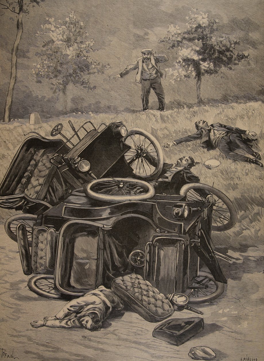 Acidente de automóvel, ilustração do Le Petit Journal: suplemento ilustrativo, 1898 de French School