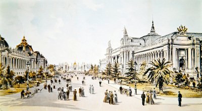 Avenida Nicholas II mostrando o Grand Palais e o Petit Palais durante a Exposição Universelle em Paris, ilustração da 