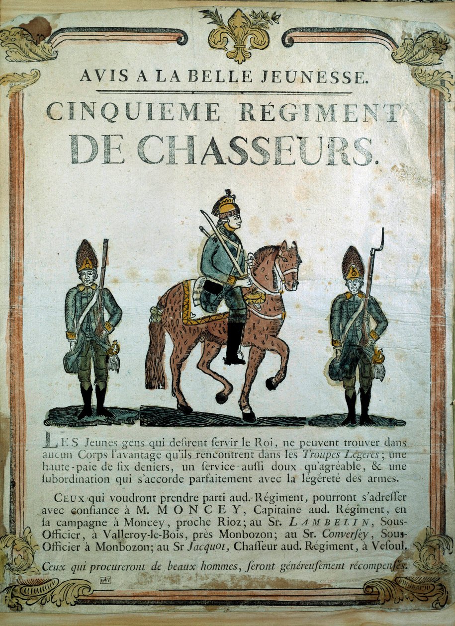 Avis à la Belle Jeunesse, cartaz de recrutamento para o 5º Regimento de Caçadores do século XVIII. Paris, Musee de l